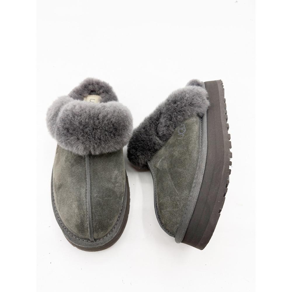 UGG Disquette Platform Suede Slippers Charcoal Grey Sheepskin Lining Mens 7